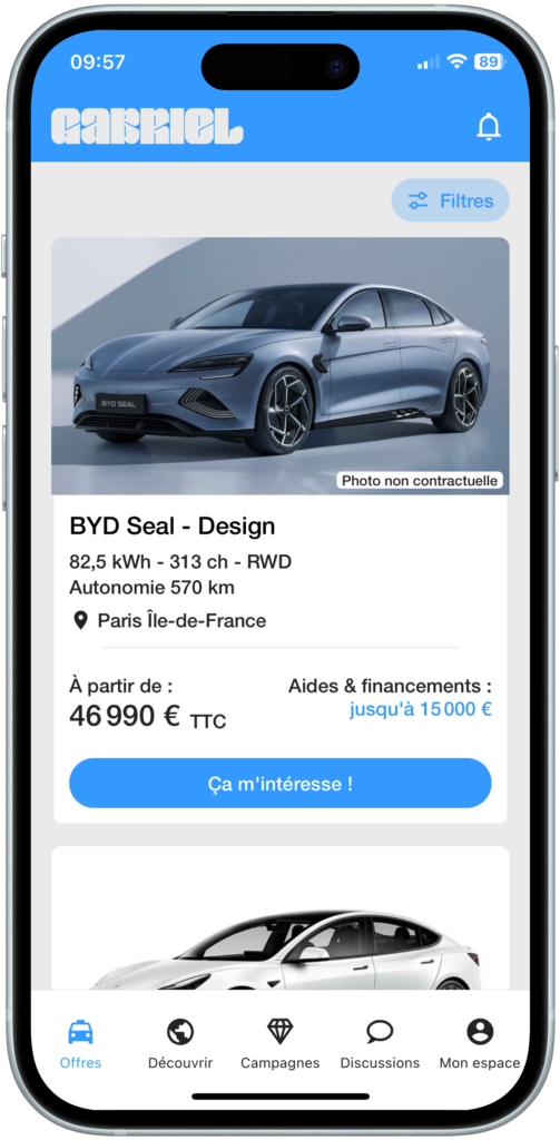 Capture d'écran de la page "offre" sur l'application mobile Gabriel